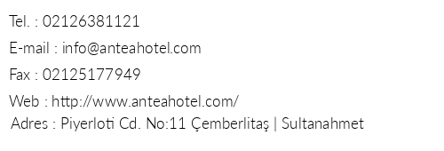 Antea Hotel telefon numaralar, faks, e-mail, posta adresi ve iletiim bilgileri